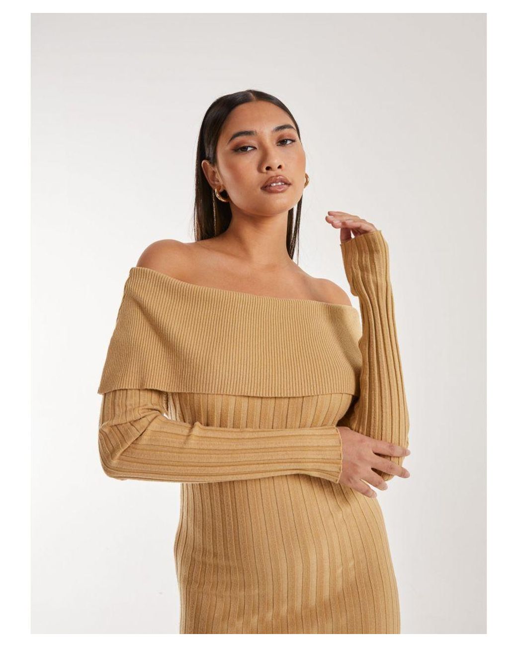 Pink Vanilla Natural Bardot Ribbed Knit Maxi Dress