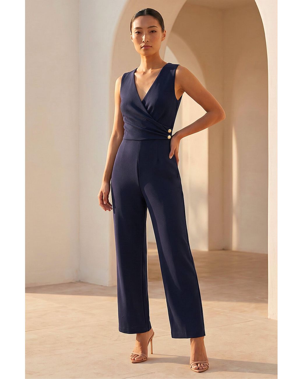 Roman Blue Petite V-Neck Full Length Jumpsuit
