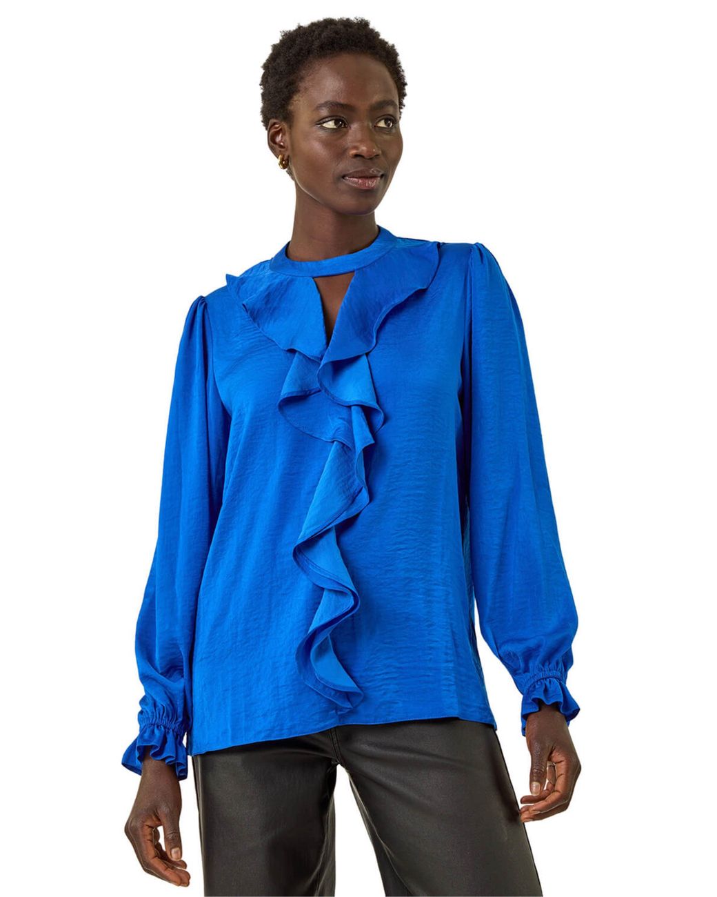 Roman Blue Ruffle Front Keyhole Satin Top