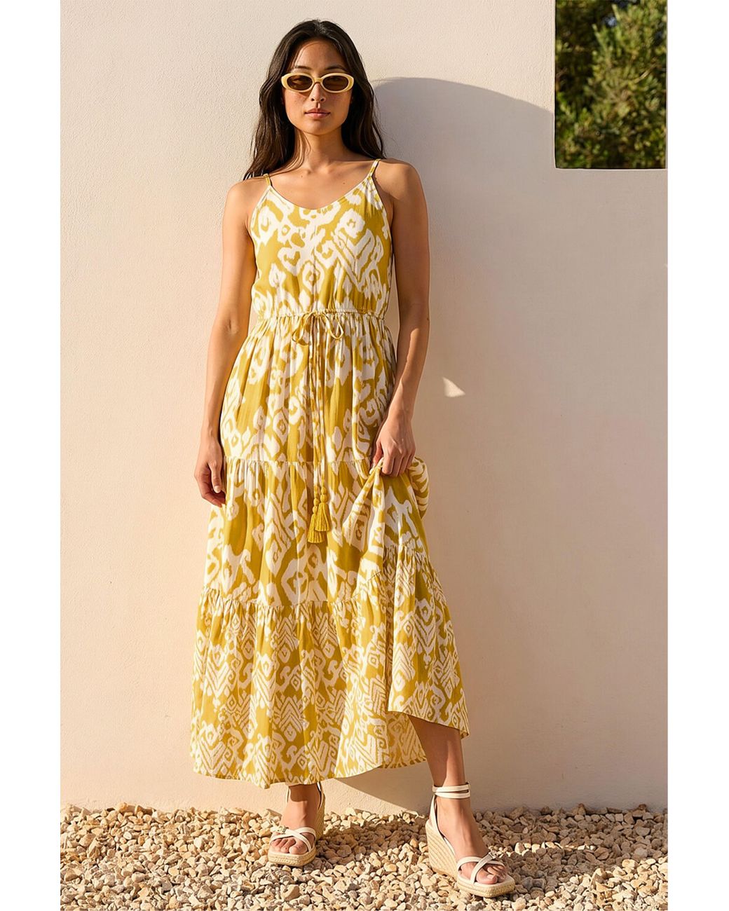 Roman Yellow Petite Abstract Strappy Dress