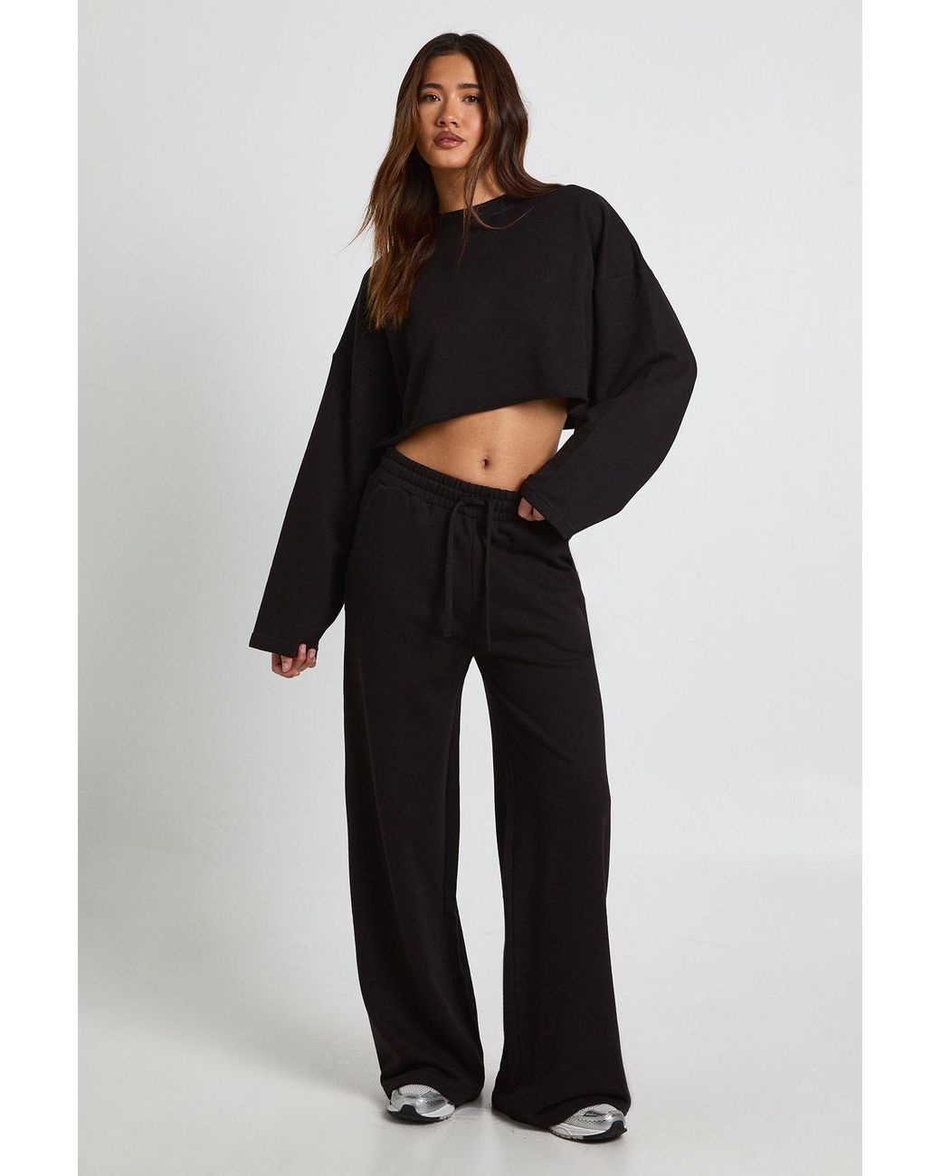 Boohoo Black Boxy Crop Sweatshirt Tracksuit