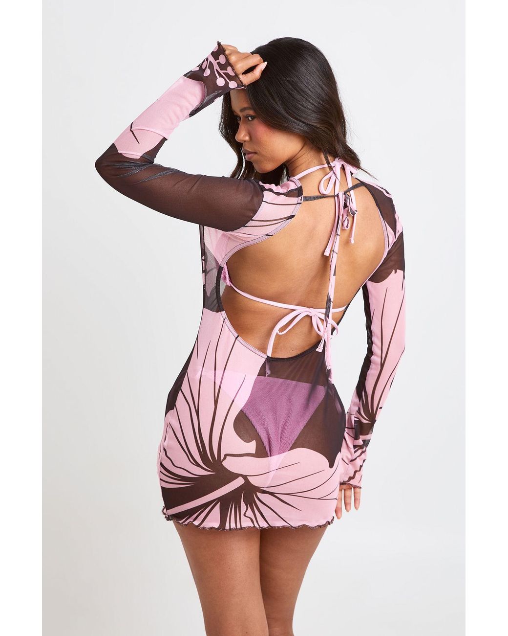 Boohoo Red Floral Print Sheer Mesh Beach Mini Dress