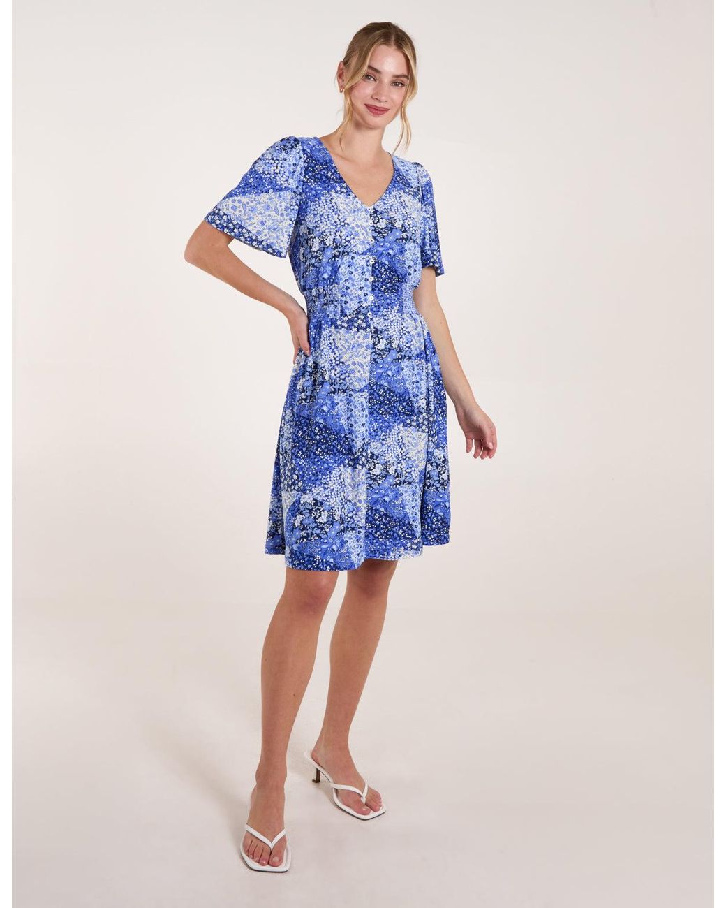 Blue Vanilla Blue Shirred Waist Button Front Patchwork Mini Dress