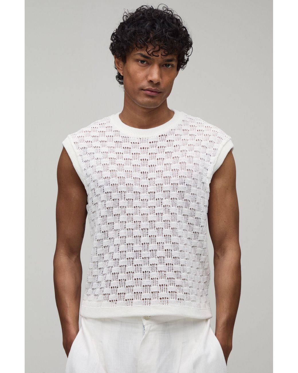 BoohooMAN White Cotton Blend Shrunken Knitted Tank for men
