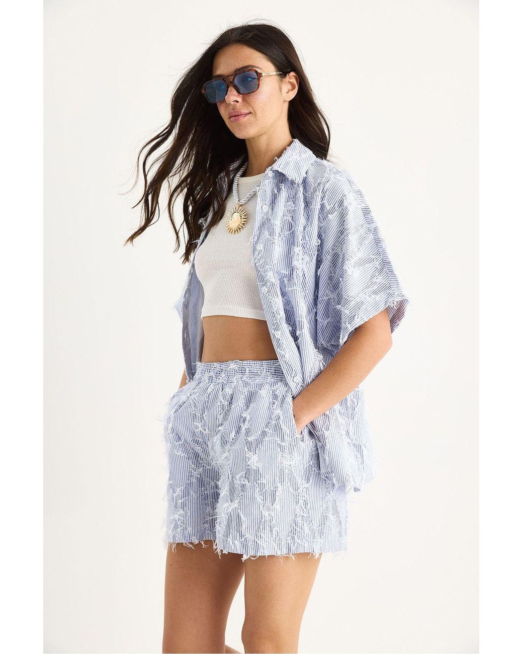 Bianco Lucci Blue Oversized Striped Co-Ord Set With Frilly Detail