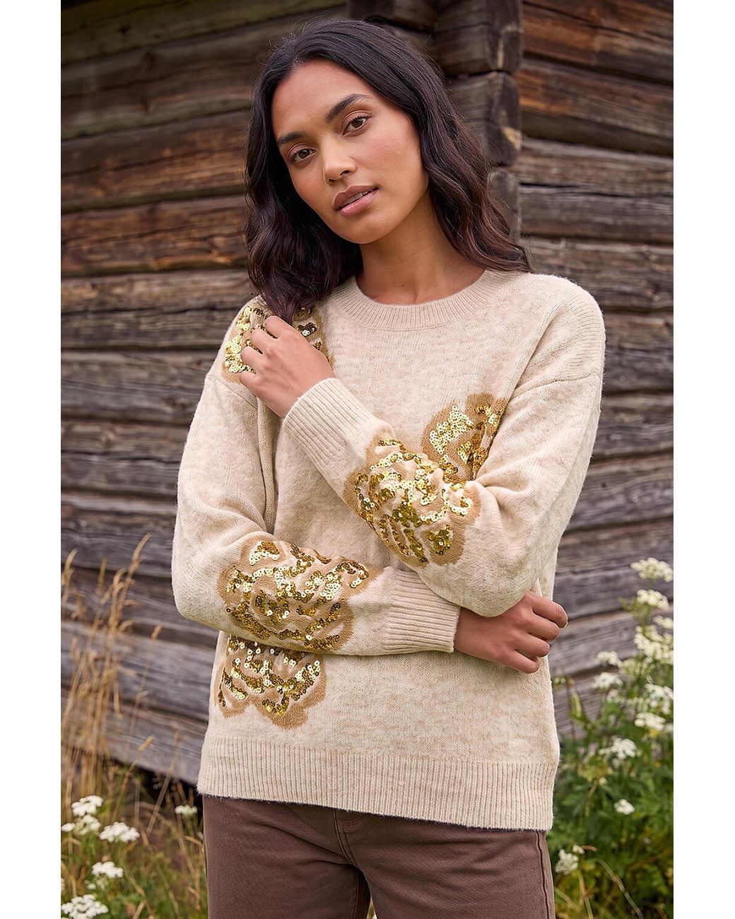 Roman Brown Floral Sequin Knit Jumper