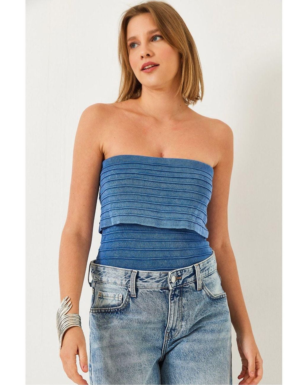 Bianco Lucci Blue Textured Strapless Ribbed Crop Top