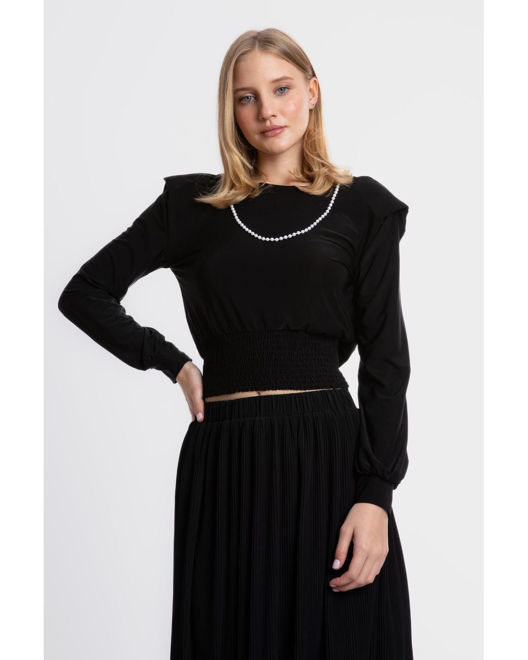 Hiccup Black Boat Neck Slinky Fabric Blouse With A Pearl Detail On The Neckline