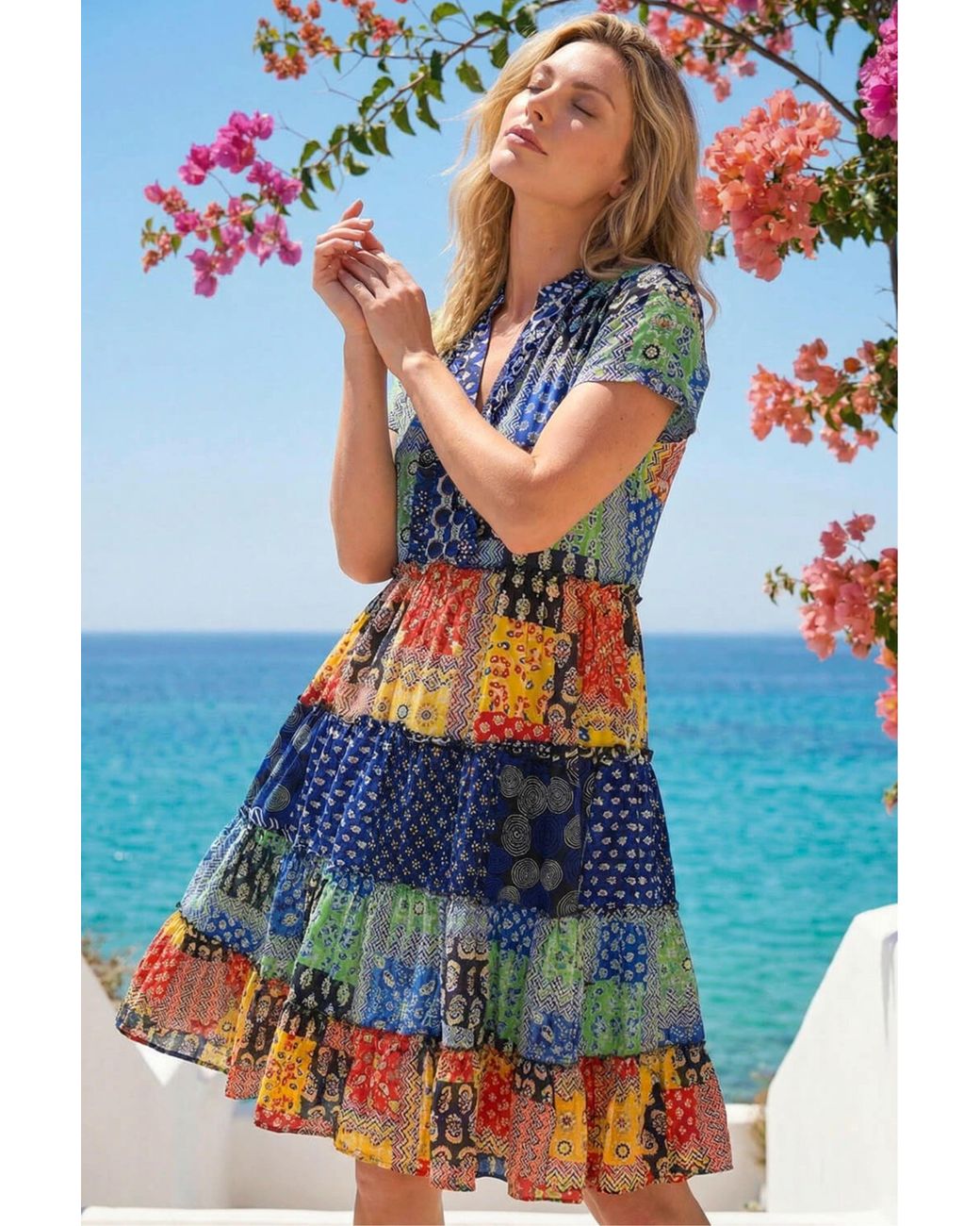 Roman Blue Patchwork Print V-Neck Tiered Dress