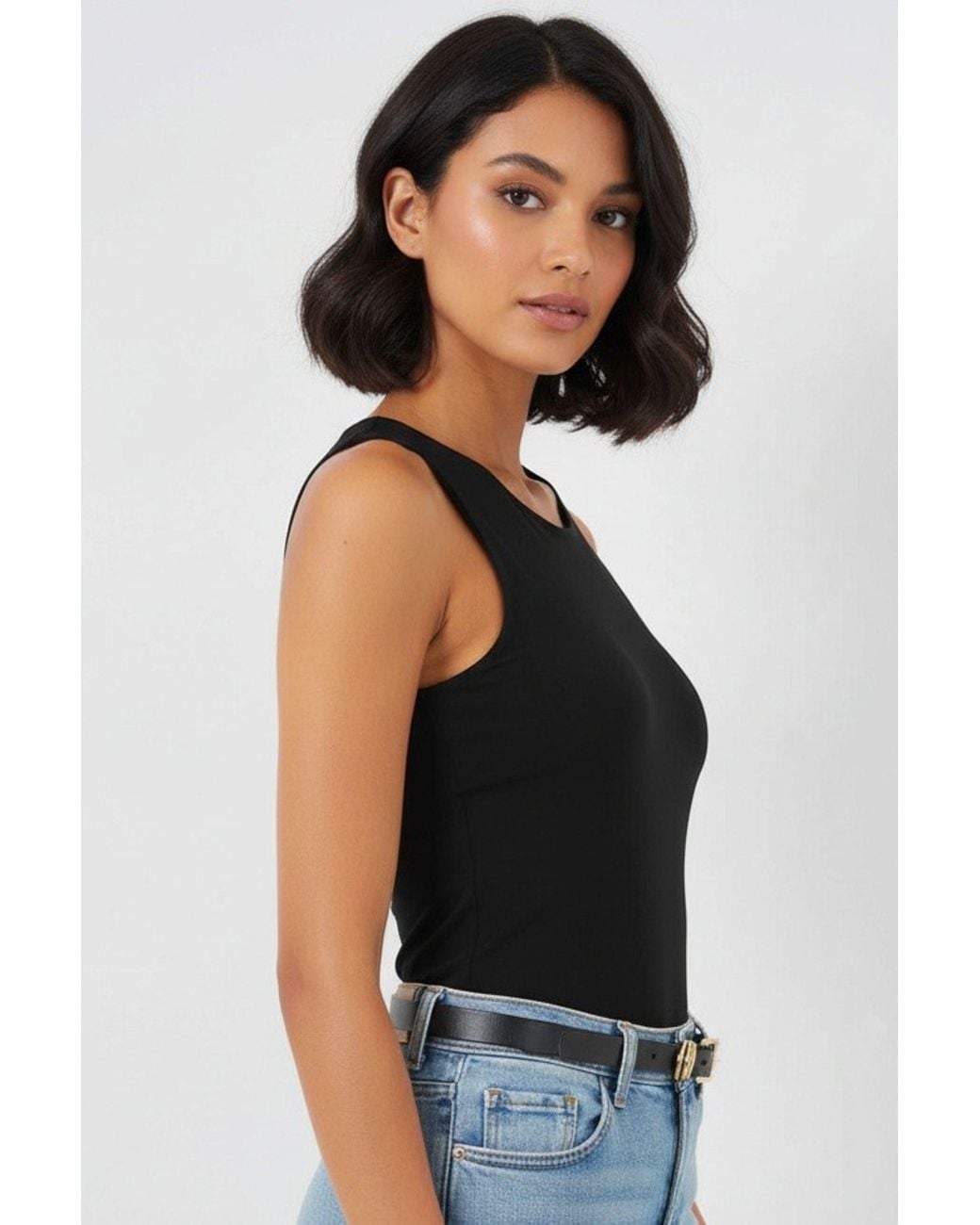 Bigdart Black Fitted Sleeveless Crew Neck Bodysuit With Snap Closure