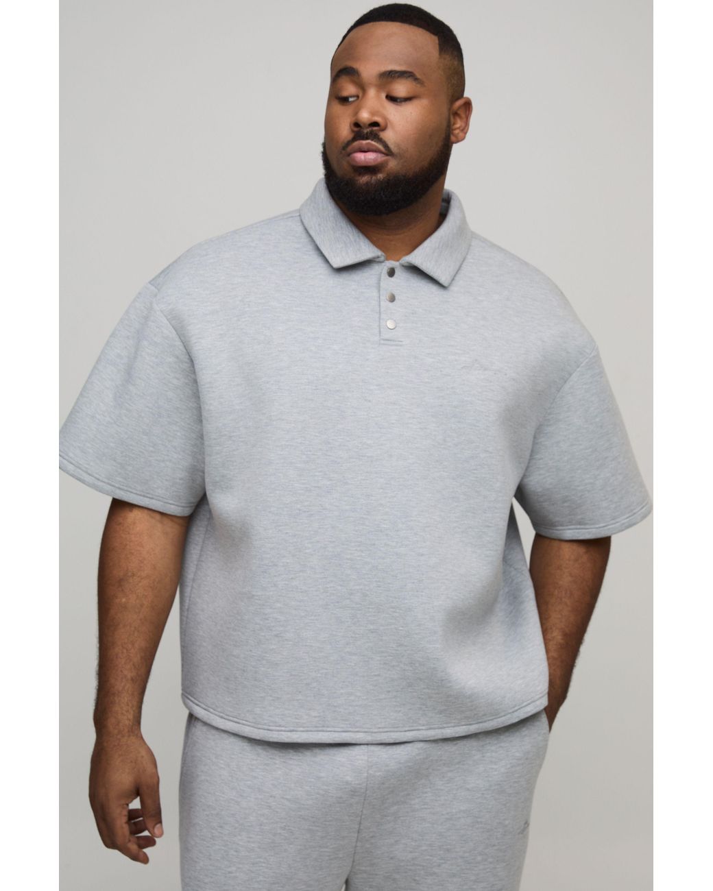 BoohooMAN Gray Plus Oversized Boxy Bonded Scuba Rugby Polo for men