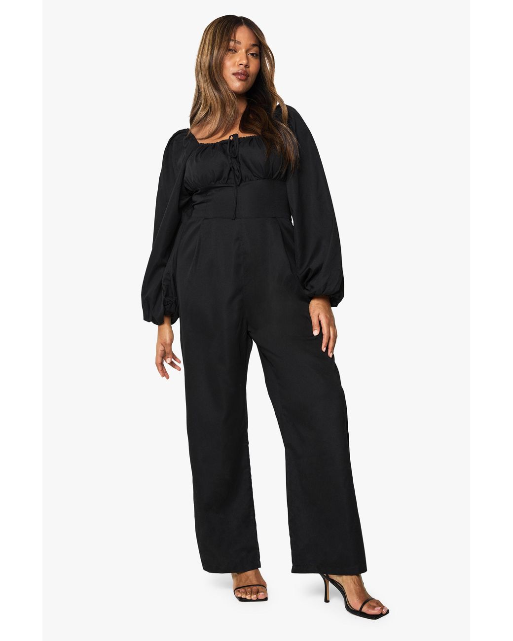 Boohoo Black Plus Milkmaid Long Sleeve Jumpsuit