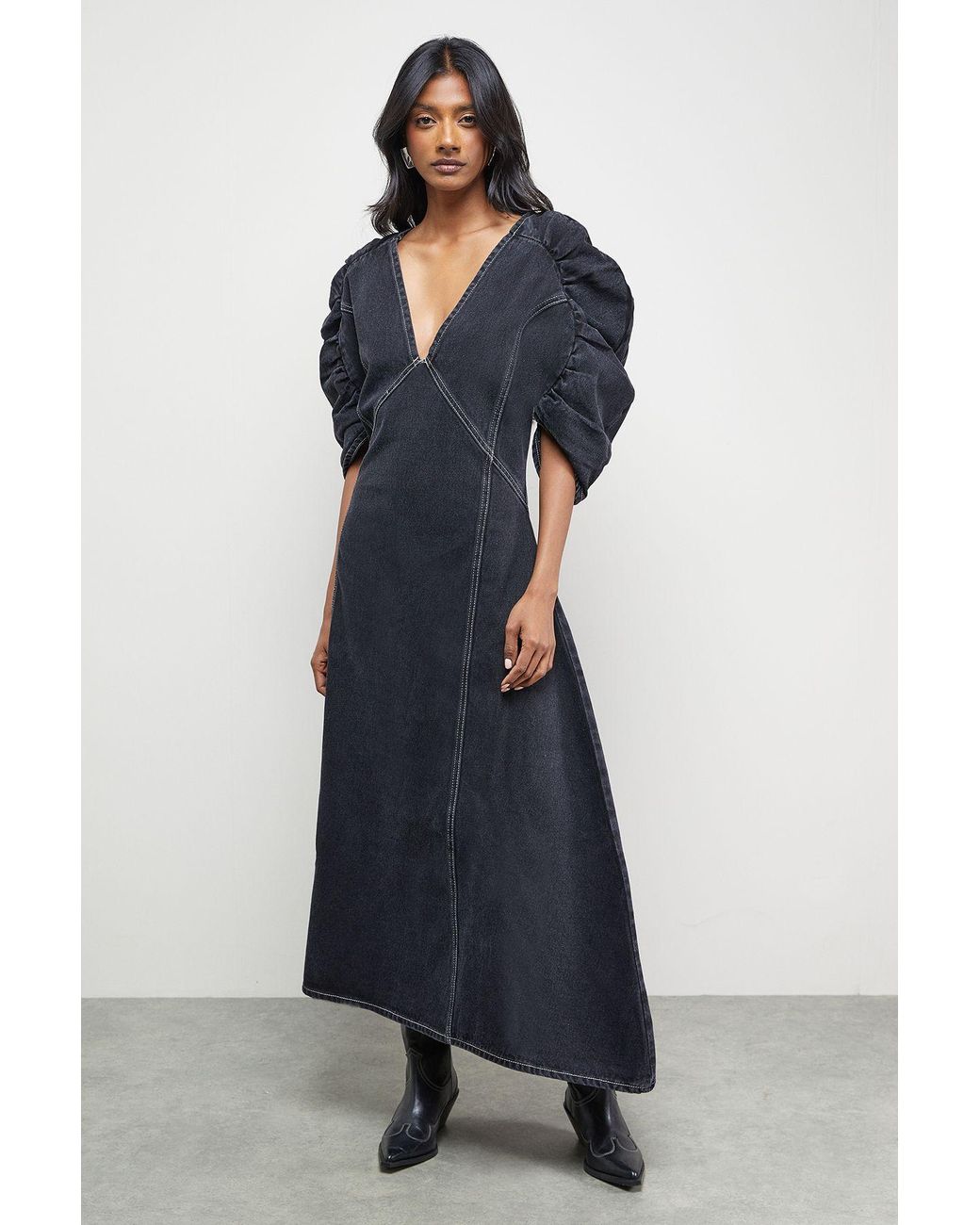 Warehouse Blue Denim Gathered Shoulder Seam Detail Midi Dress