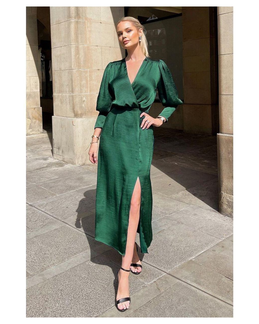 AX Paris Green Satin Wrap Top Long Sleeve Midi Dress