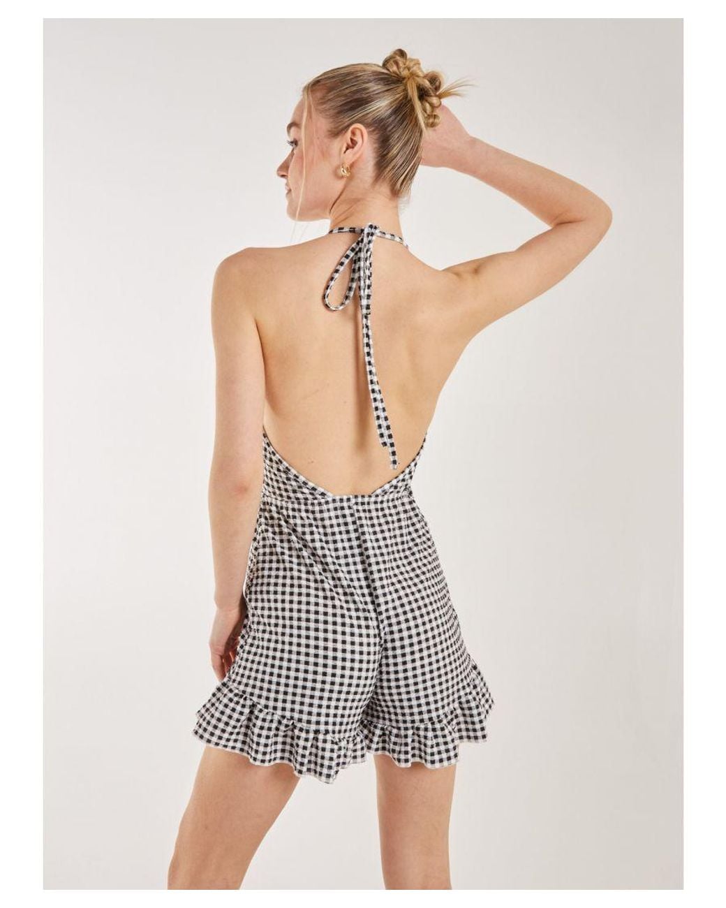 Pink Vanilla Black Gingham Frill Jacquard Playsuit