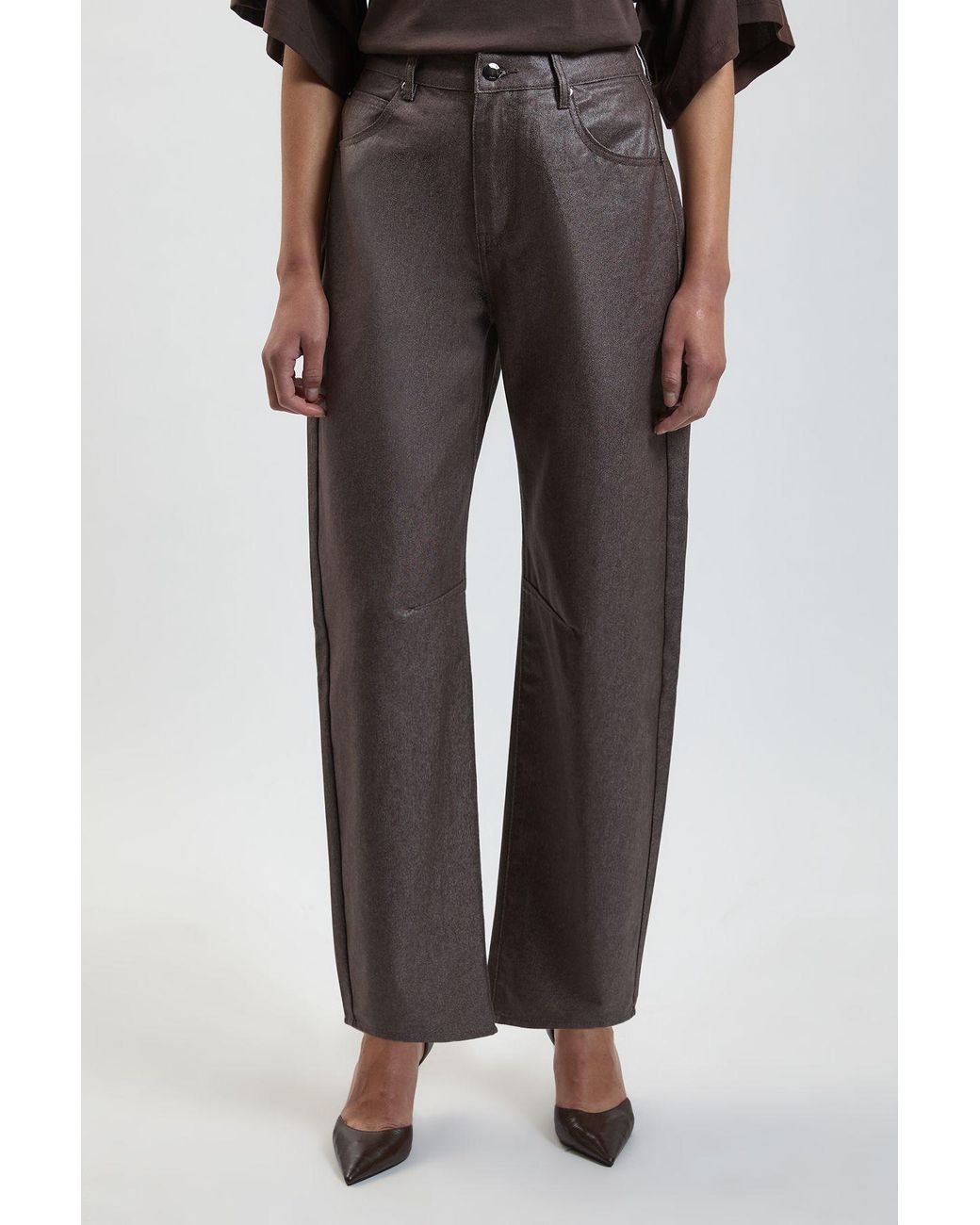 Karen Millen Brown Metallic Denim Coated Barrel Jean