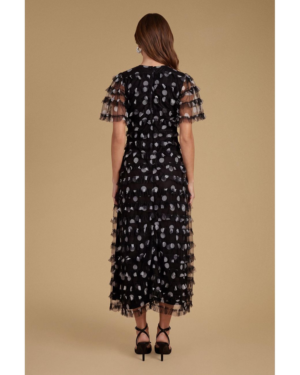 Oasis Natural Petite Spot Print Ruffle Mesh Maxi Dress