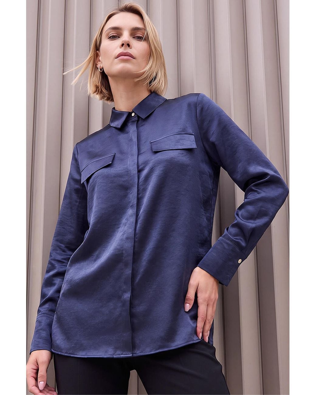 Roman Blue Satin Long Sleeve Shirt