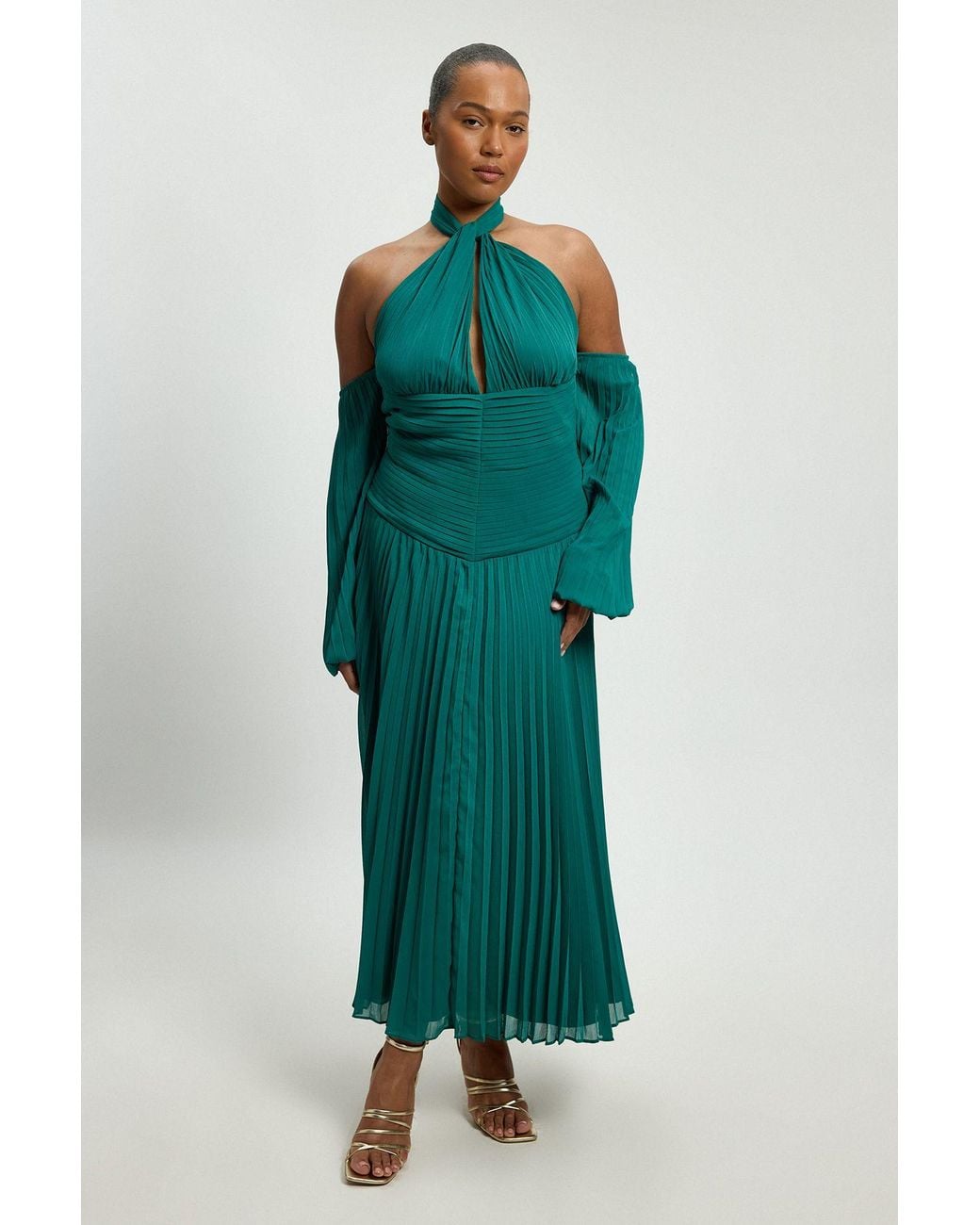 Karen Millen Green Plus Size Crinkle Cold Shoulder Georgette Woven Maxi Dress