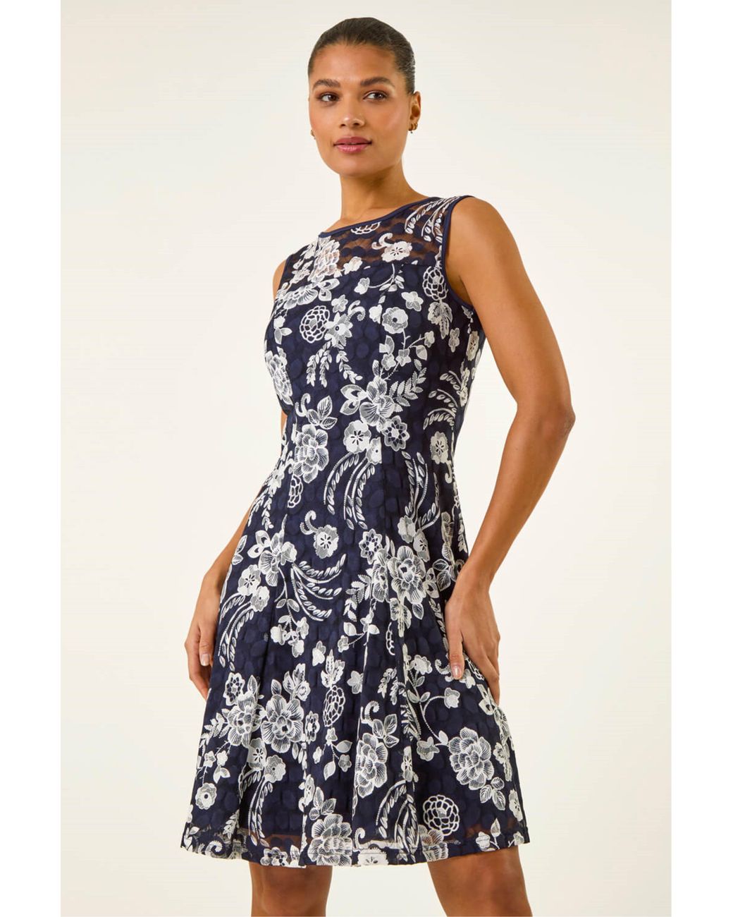Roman Blue Floral Print Lace Stretch Dress