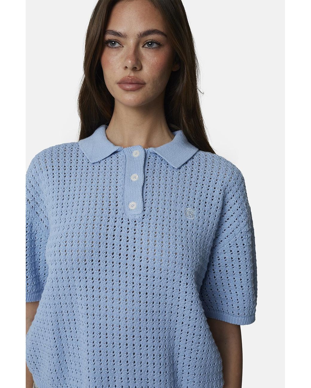 Good For Nothing Blue Cropped Pointelle Knit Polo Shirt