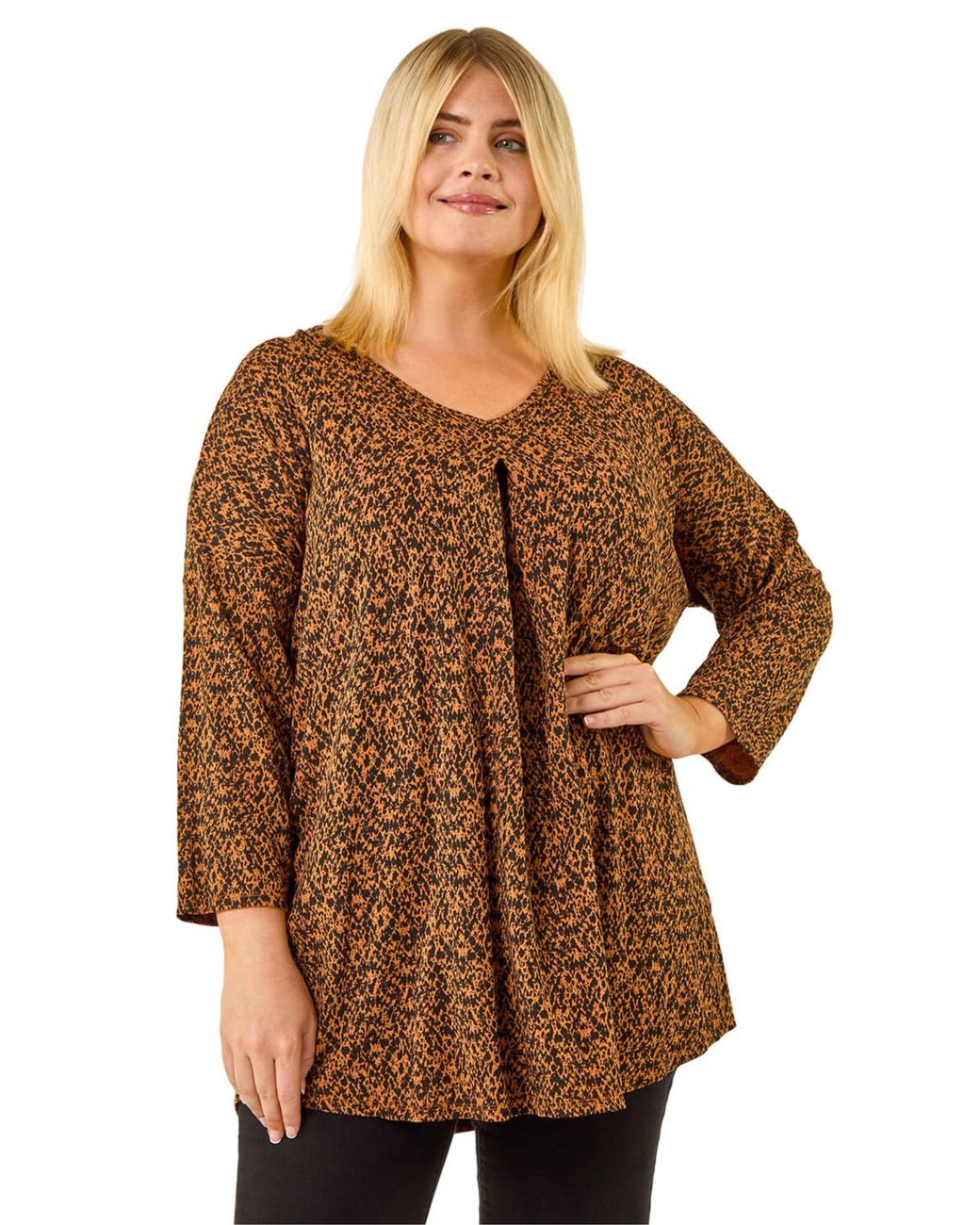 Roman Brown Curve Spot Print V-Neck Tunic Top