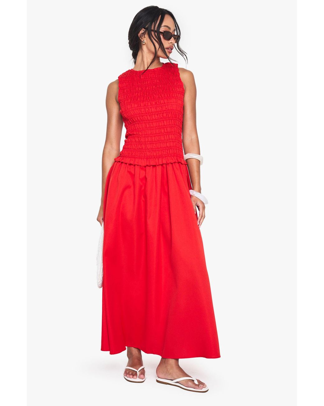 Boohoo Racer Neck Shirred Drop Waist Midaxi Dress
