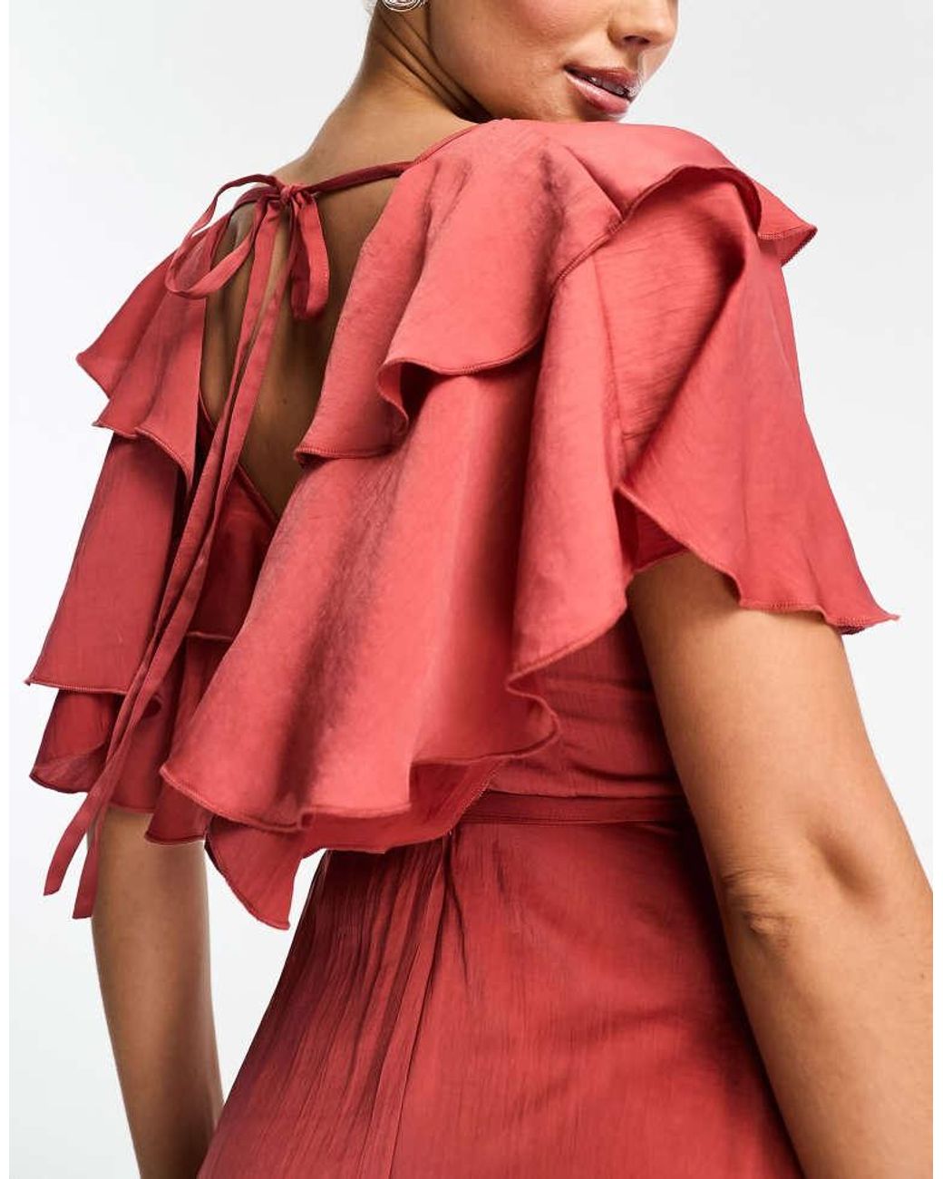 ASOS Red Satin V Front V Back Ruffle Midi Dress
