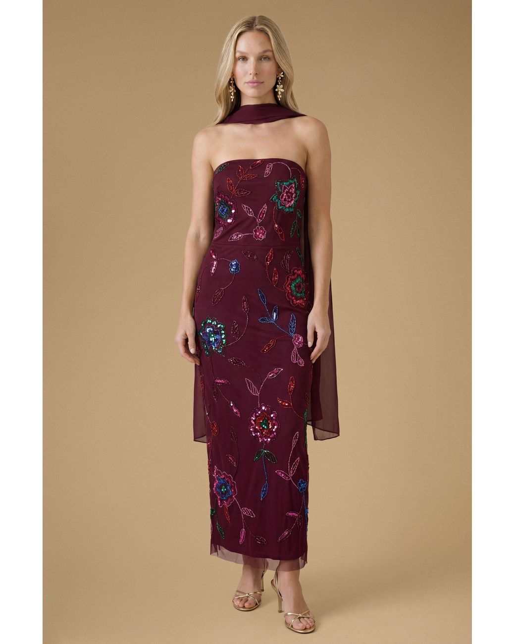 Oasis Red Floral Embellished Mesh Midaxi Dress