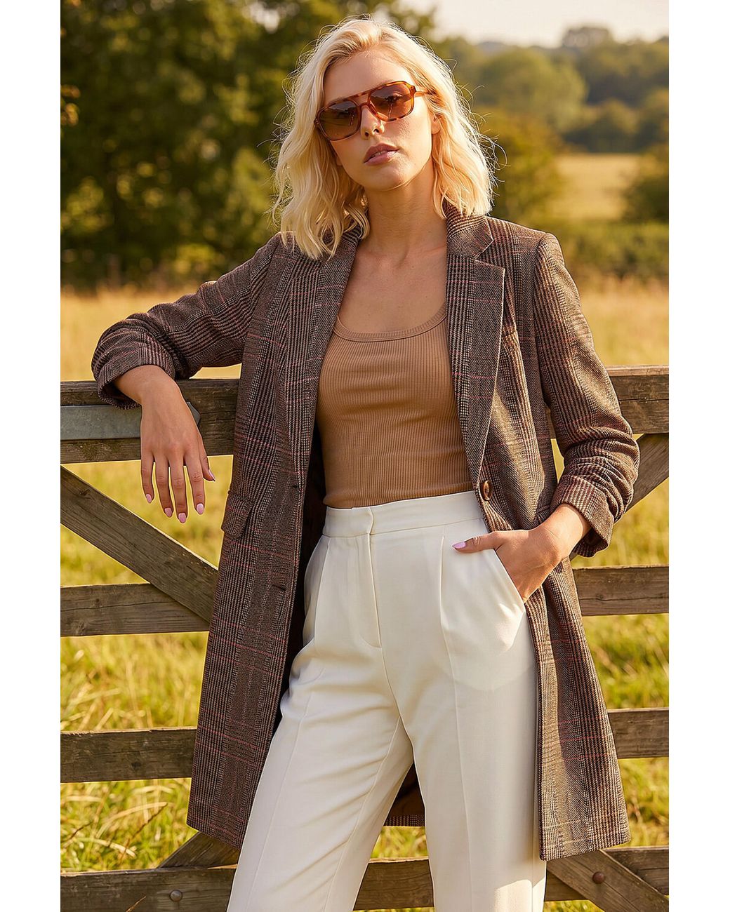 Roman Brown Petite Button Check Coat