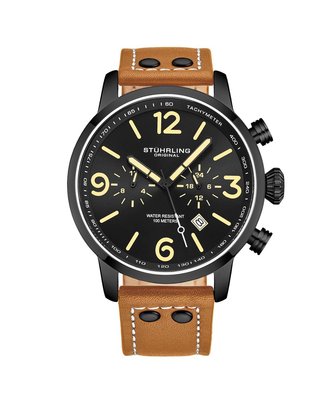 Stuhrling Black Aviator Leather Strap Wrist Watch for men