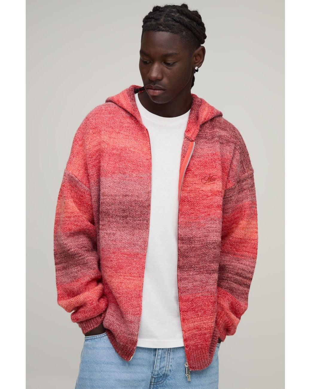 BoohooMAN Red Relaxed Ombre Zip Thru Knitted Hoodie for men