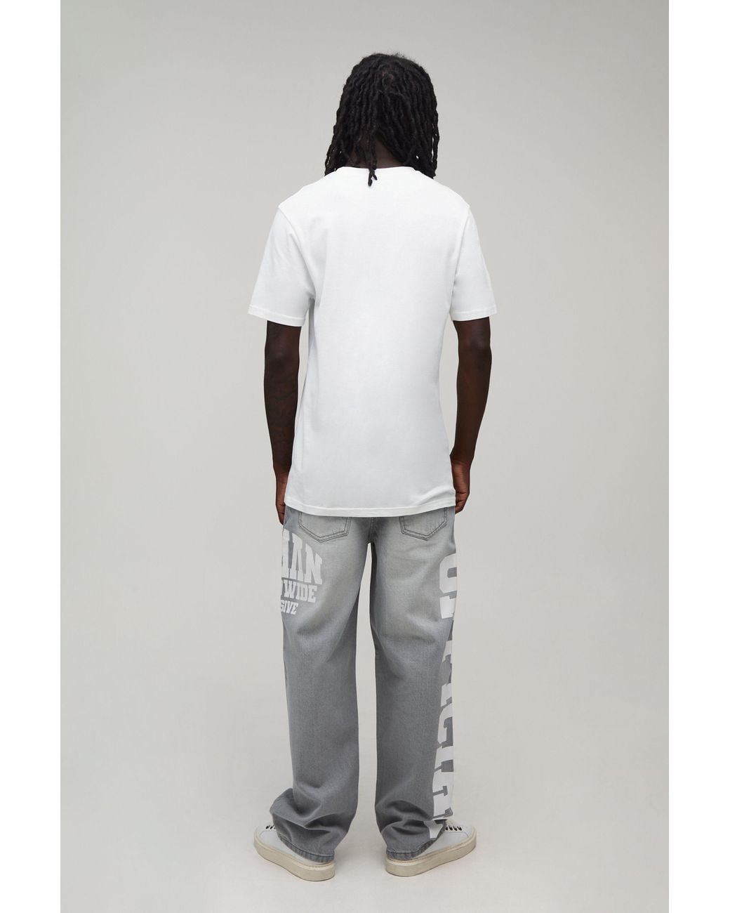 BoohooMAN Gray Relaxed Rigid Official Varsity Print Denim Jeans for men