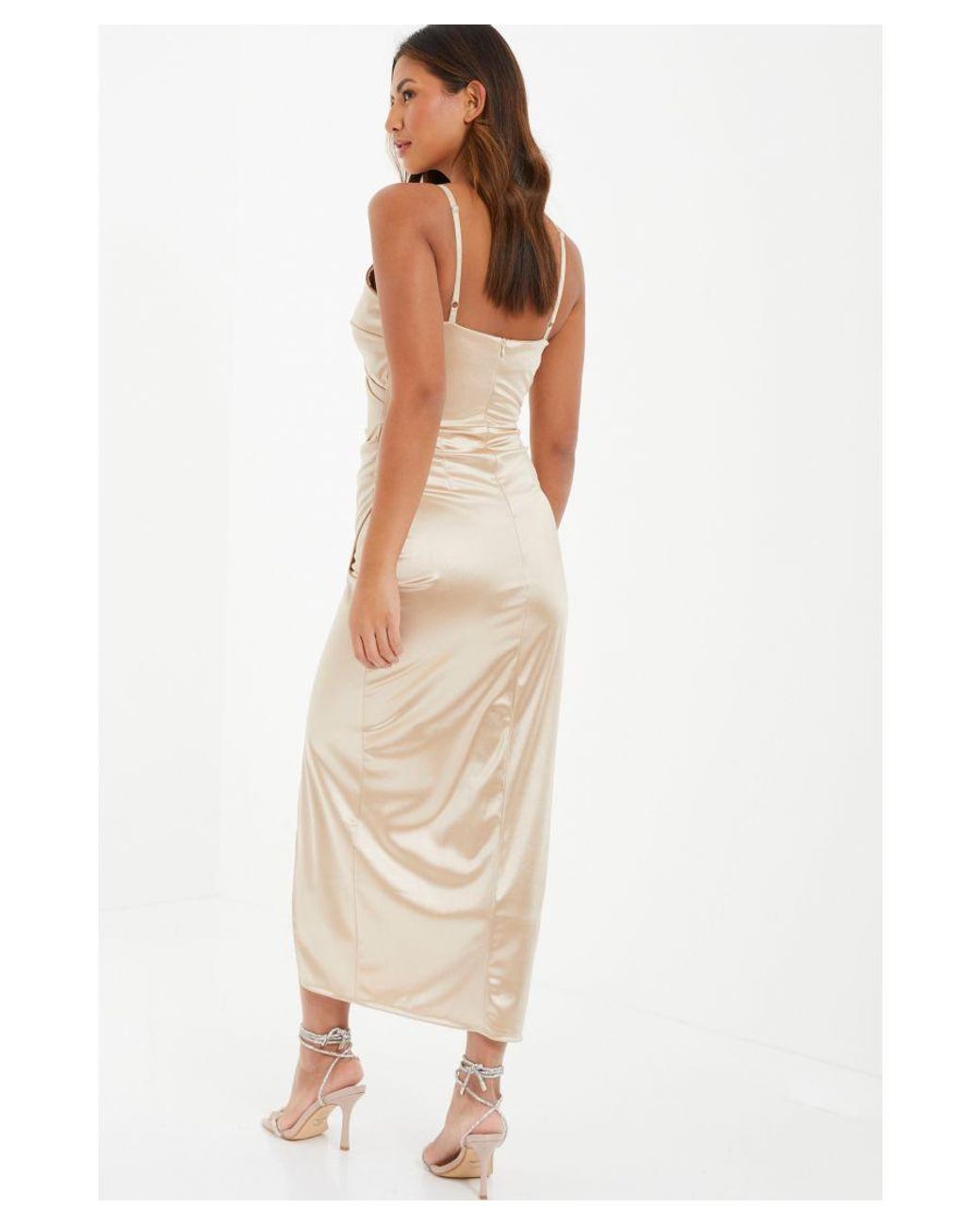 quiz champagne dress Quiz Champagne Wrap Ruched Maxi Dress Satin in White