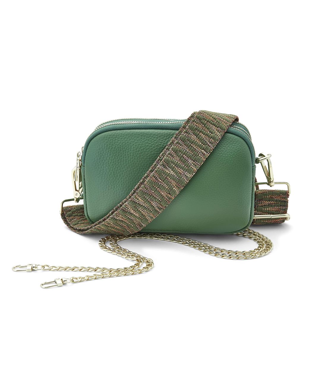 Woodland Leathers Green Ladies Crossbody Bag With Wide Strap, Chain And Wristlet