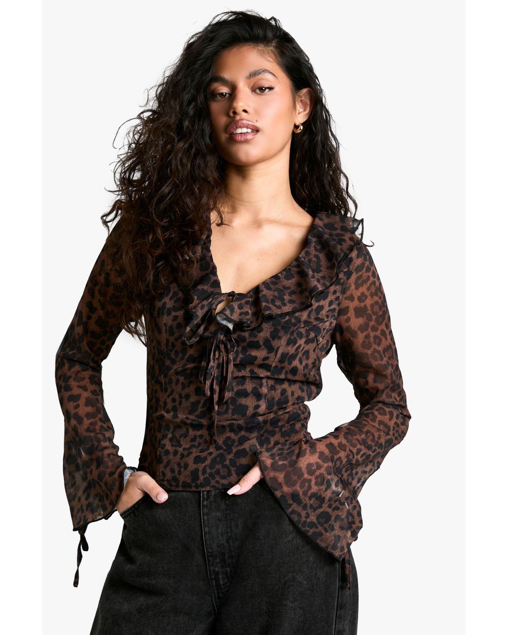 Boohoo Tie Front Ruffle Top Boohoo Chiffon Leopard Ruffle Tie