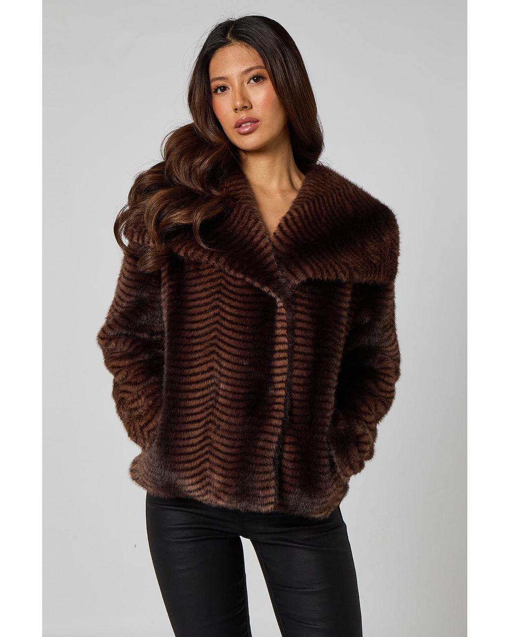 Urban Bliss Brown Pattern Stripe Faux Fur Jacket