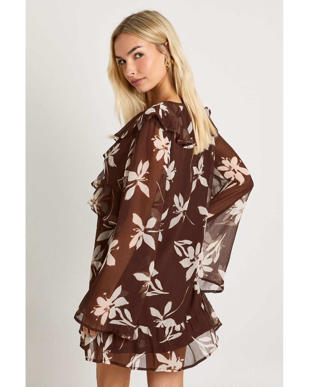 Boohoo Brown Floral Frill Chiffon Smock Dress