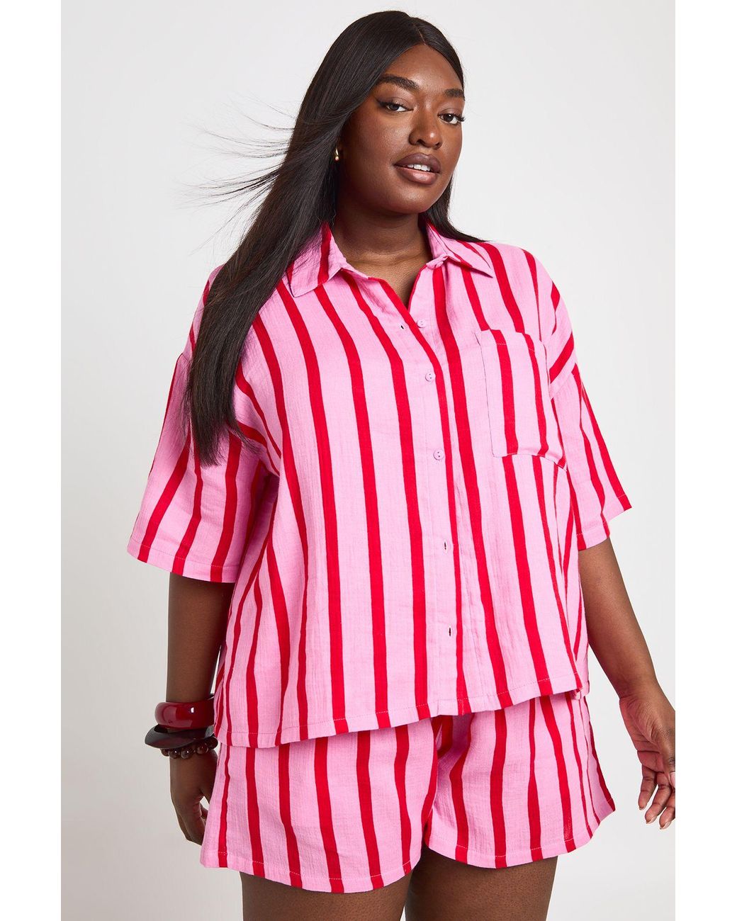 Boohoo Red Plus Stripe Cheesecloth Beach Shirt