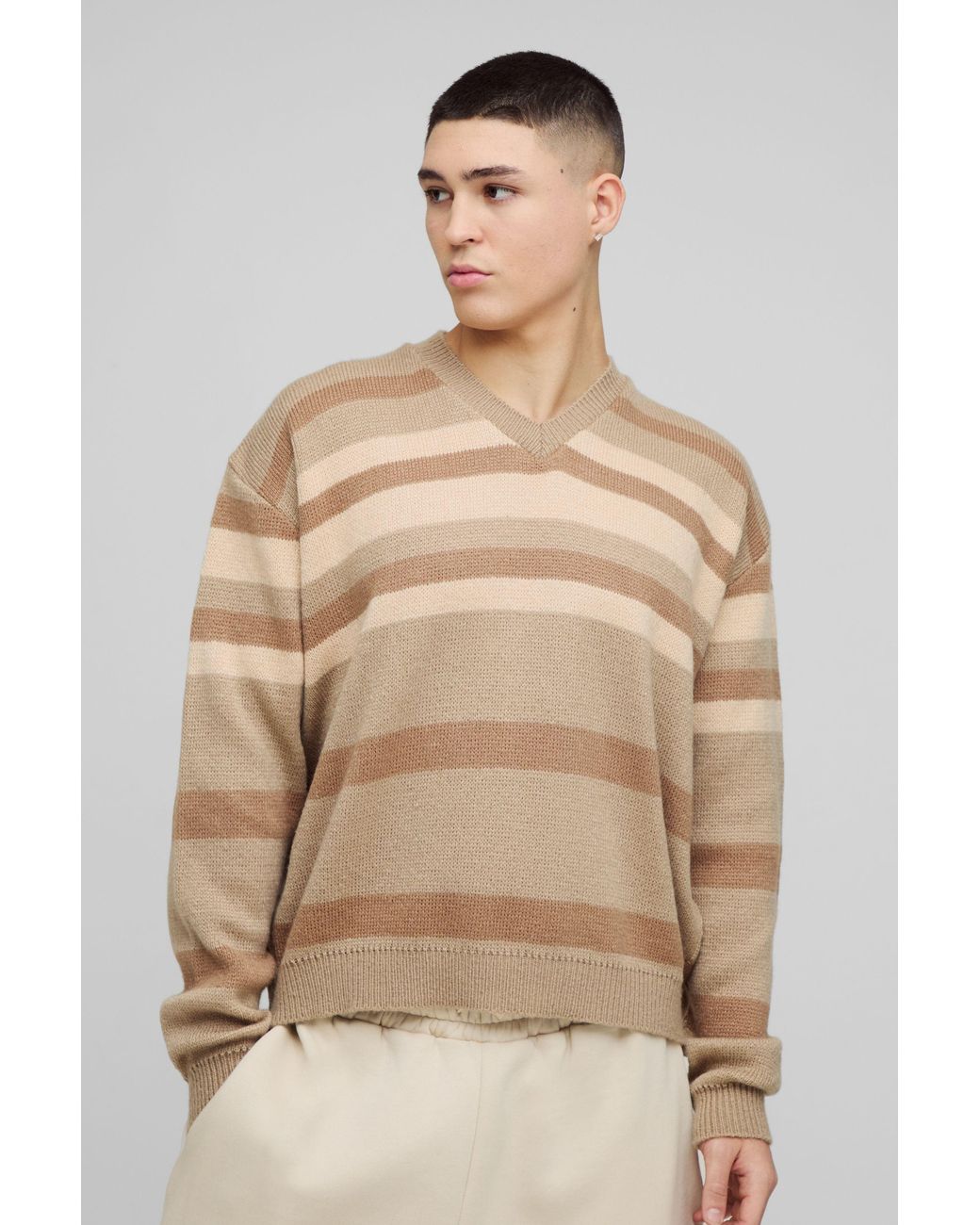BoohooMAN Natural Oversized Boxy V Neck Striped Knitted Sweater for men