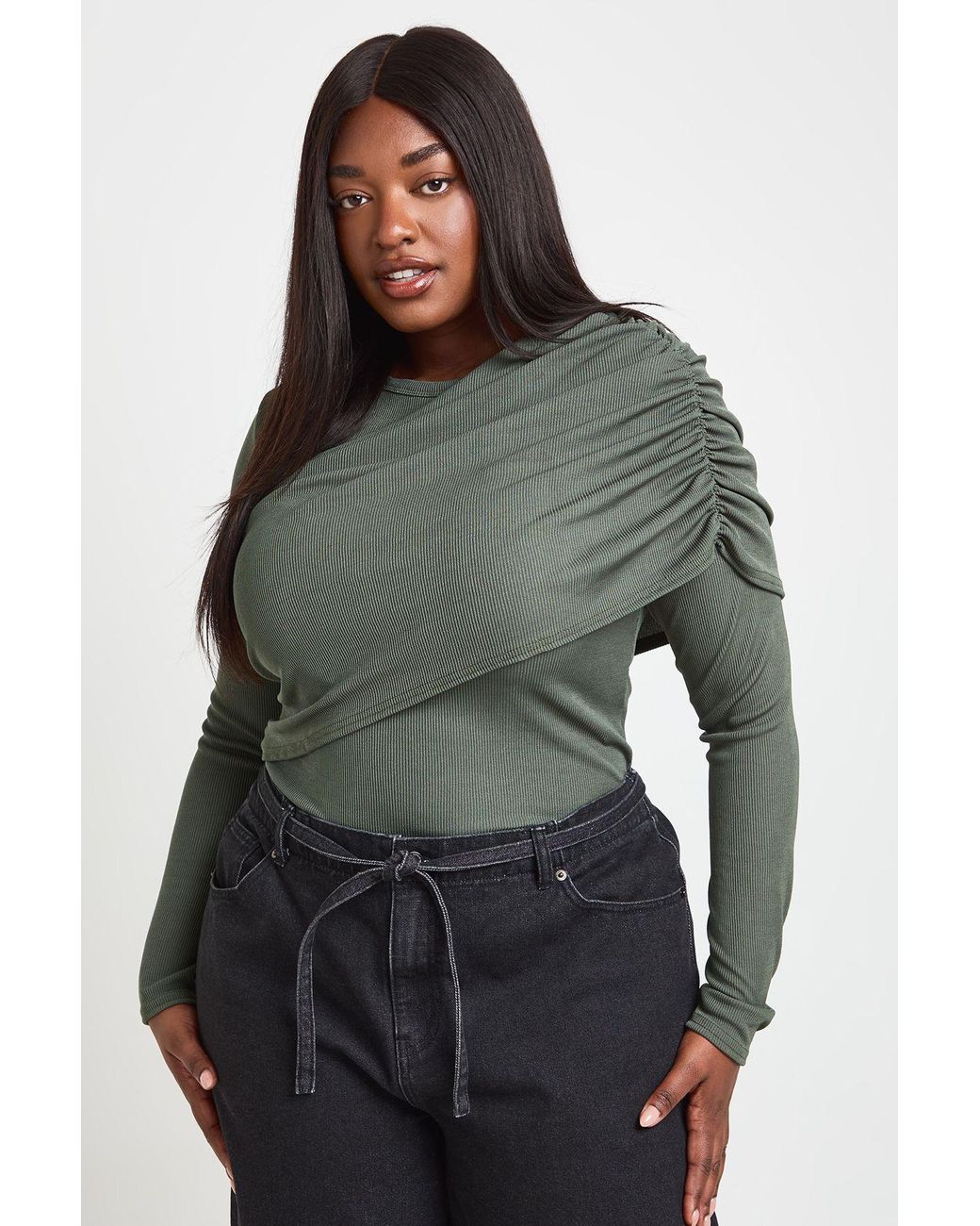 Boohoo Gray Plus Ribbed Draped Front Long Sleeve Top