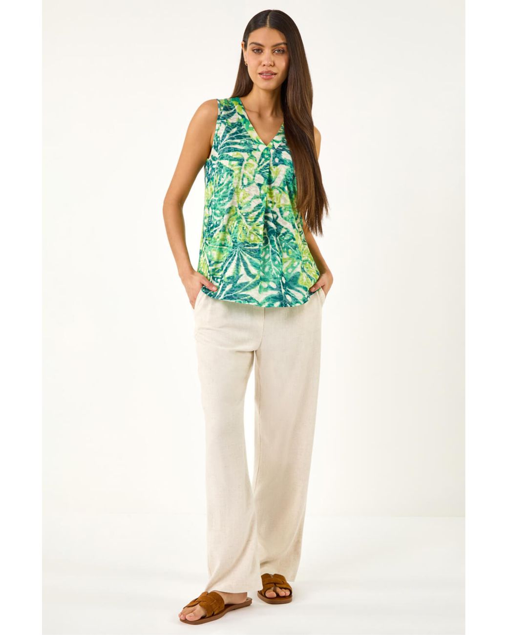 Roman Green Leaf Burnout Print Vest Top