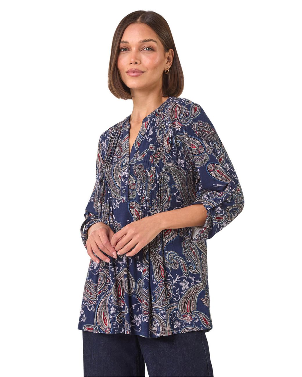 Roman Blue Paisley Print Pintuck Stretch Shirt