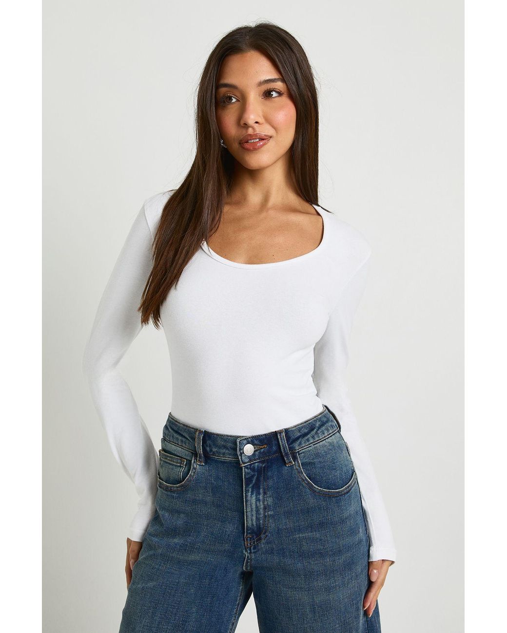 Boohoo White Basic Long Sleeve Scoop Neck Bodysuit