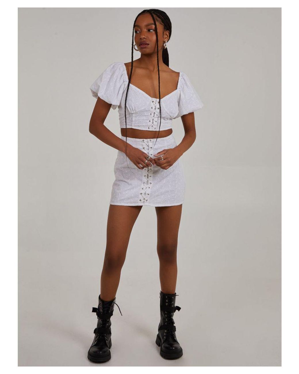 Pink Vanilla White Lace Up Mini Skirt