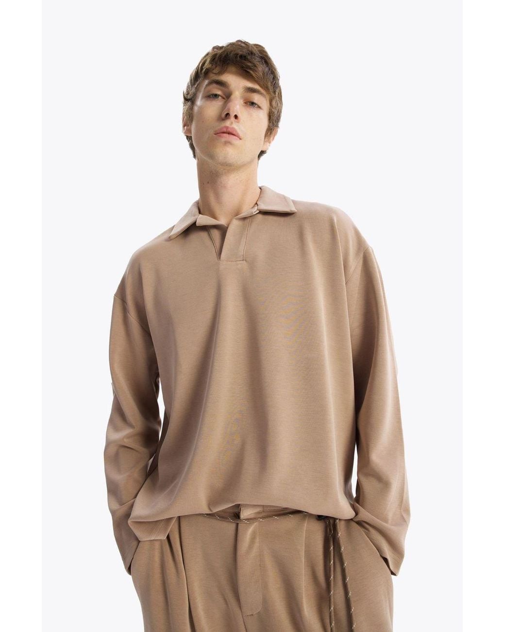 Giesto Natural Loose-Fit Long-Sleeve Polo T-Shirt for men