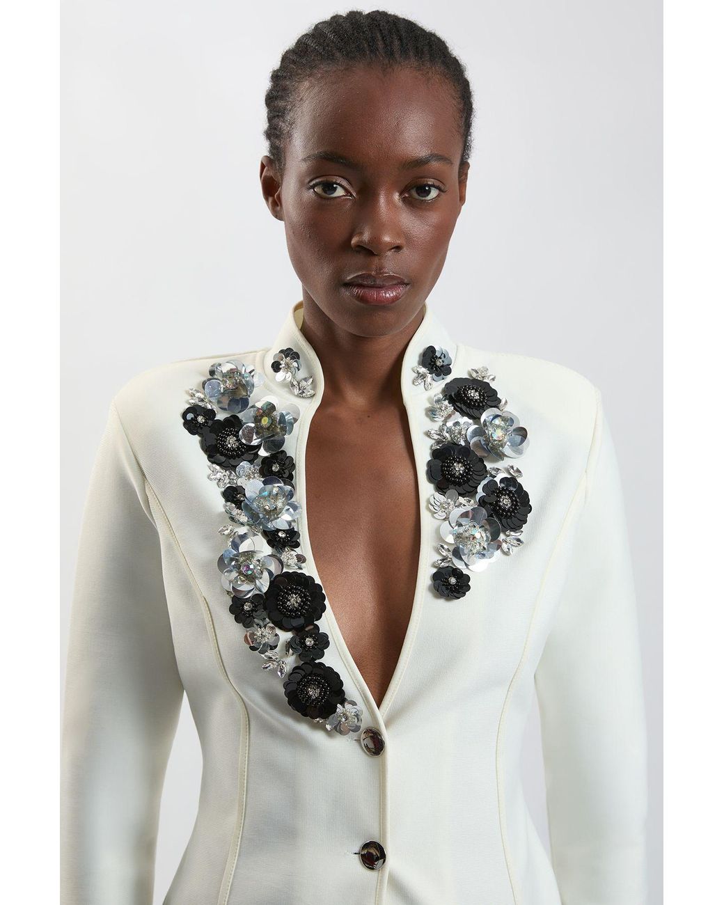 Karen Millen White Embellished Figure Form Fitted Blazer Jacket