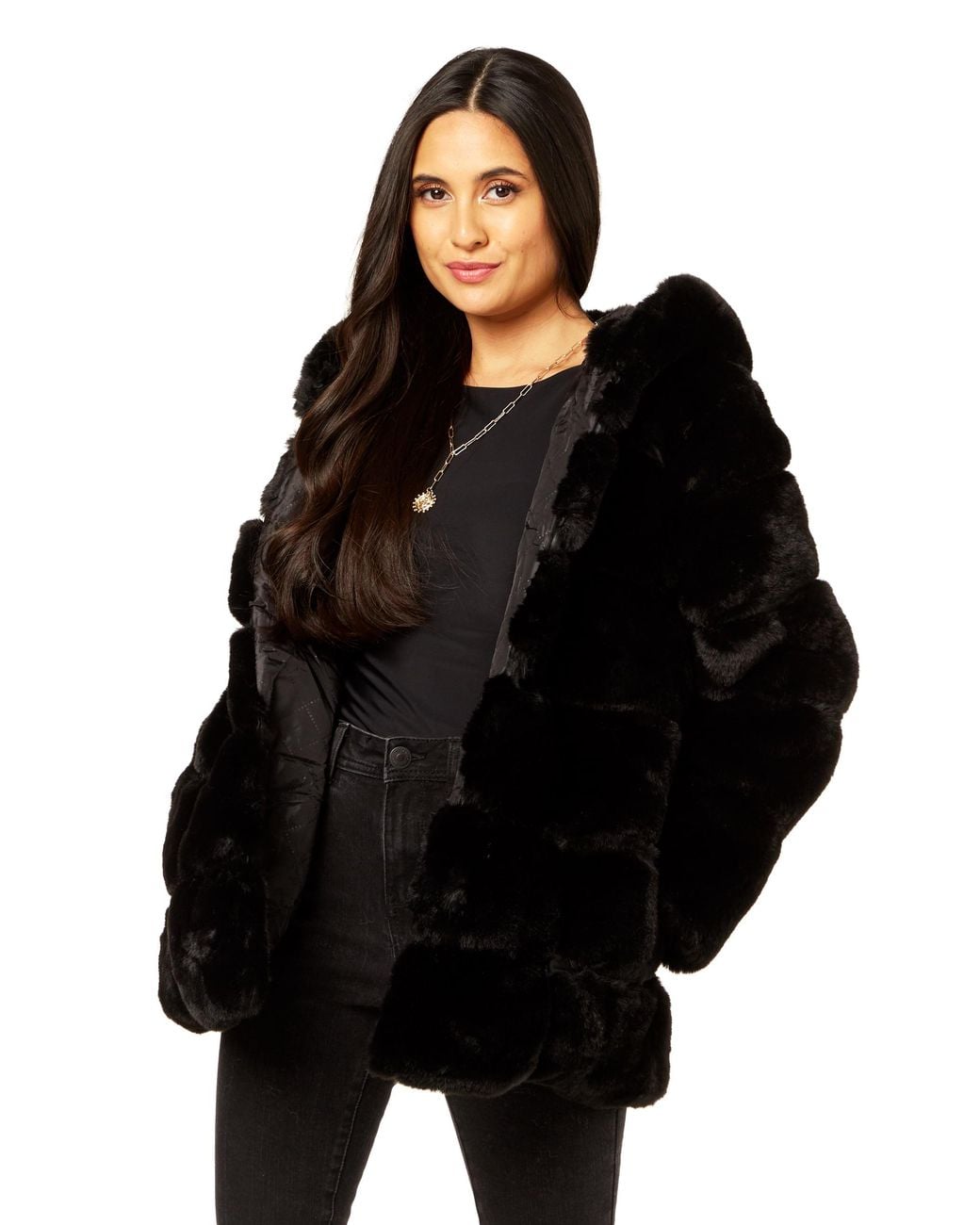 Gini London Black Horizontal Cut Fur Hooded Jacket