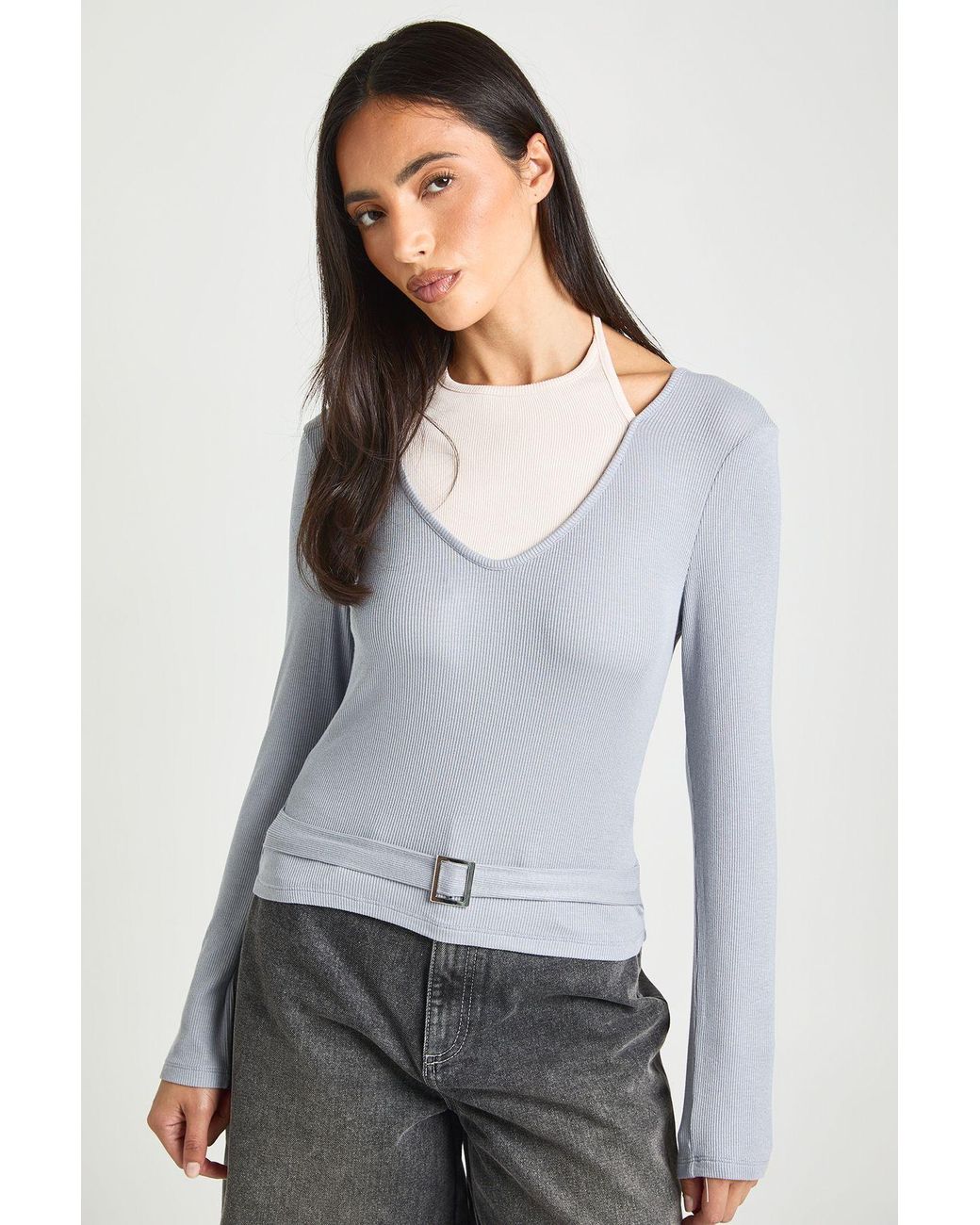 Boohoo Gray Double Layer Contrast Top