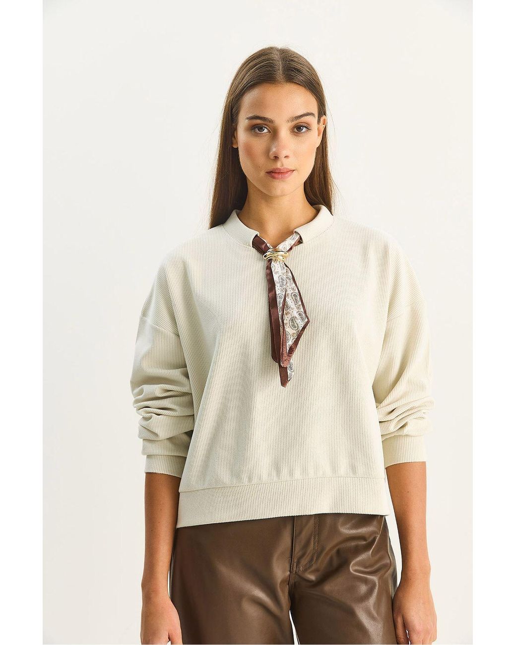 Bianco Lucci Natural Crew Neck Ribbed Sweatshirt With Scarf Accessory Detail